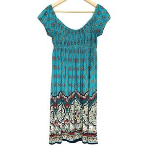 Muse Milkmaid Dress Womens Size 4 Blue Paisley Print Knit Pullover Bohemian